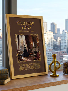 Old New York Minimalist Book Poster by Edith Wharton – framed print on a city-view windowsill