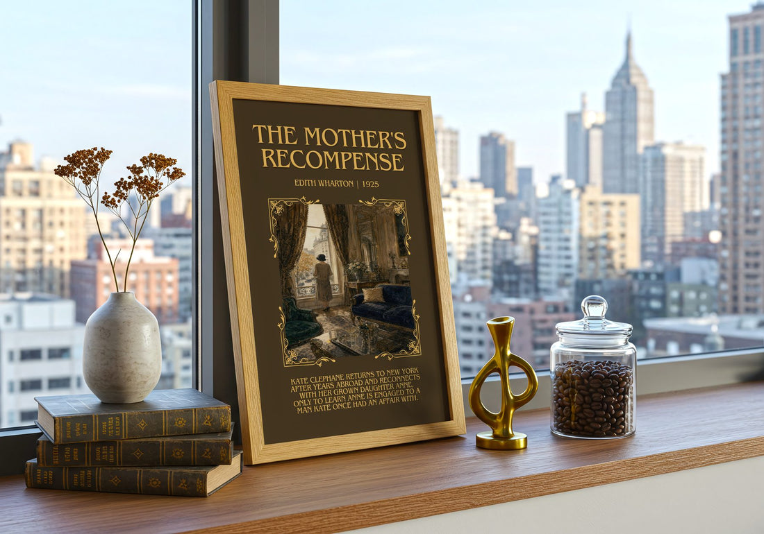 The Mother'S Recompense Minimalist Book Poster by Edith Wharton – framed print on a city-view windowsill