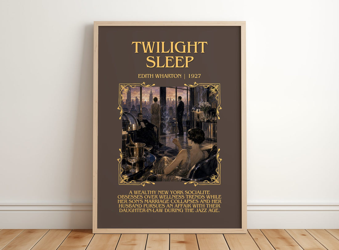 Twilight Sleep Minimalist Book Poster by Edith Wharton – framed print leaning on a wooden floor