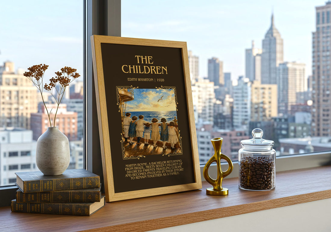 The Children Minimalist Book Poster by Edith Wharton – framed print on a city-view windowsill