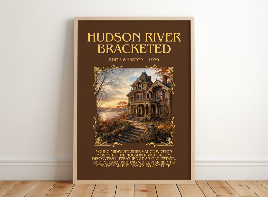 Hudson River Bracketed Minimalist Book Poster by Edith Wharton – framed print leaning on a wooden floor