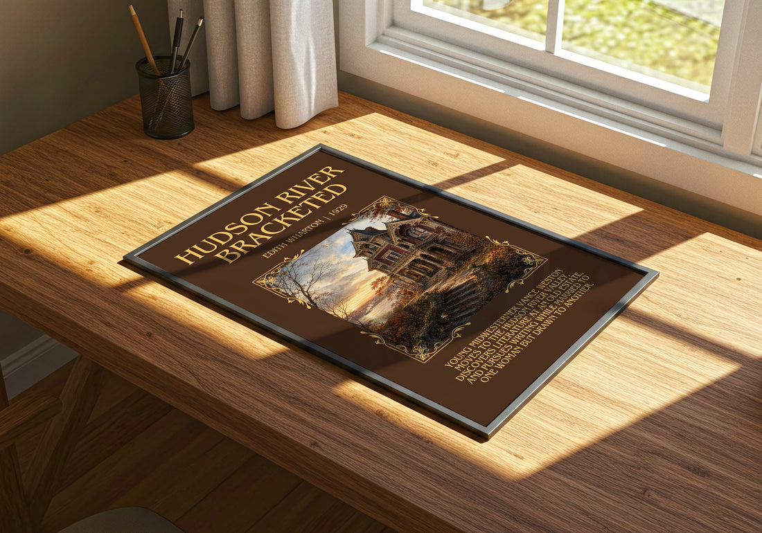Hudson River Bracketed Minimalist Book Poster by Edith Wharton – print on a sunlit desk