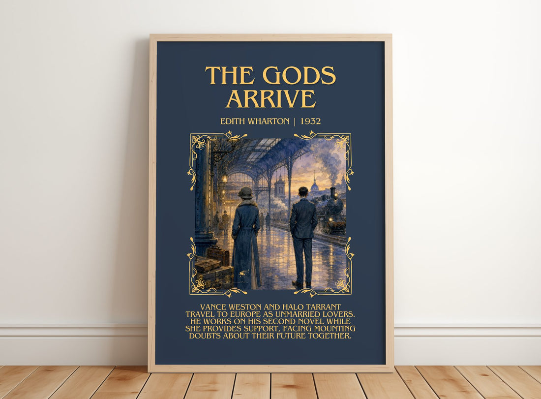 The Gods Arrive Minimalist Book Poster by Edith Wharton – framed print leaning on a wooden floor