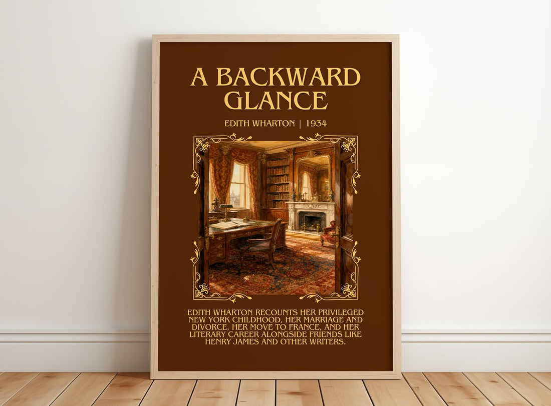 A Backward Glance Minimalist Book Poster by Edith Wharton – framed print leaning on a wooden floor