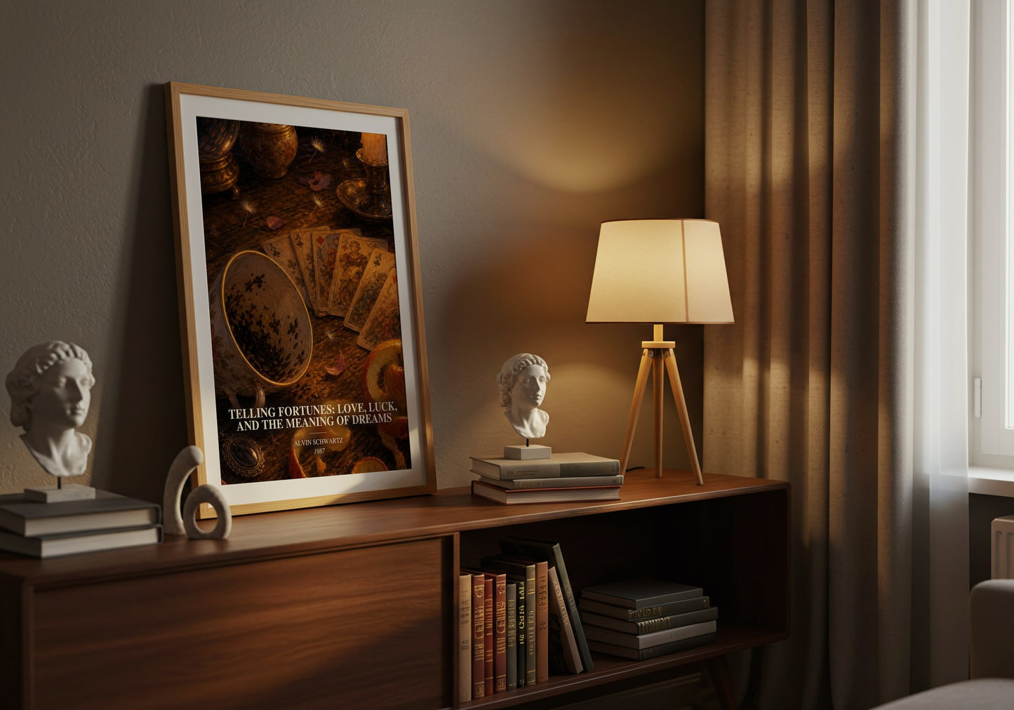 Telling Fortunes: Love, Luck, And The Meaning Of Dreams watercolour print on bookshelf – Alvin Schwartz fan gift