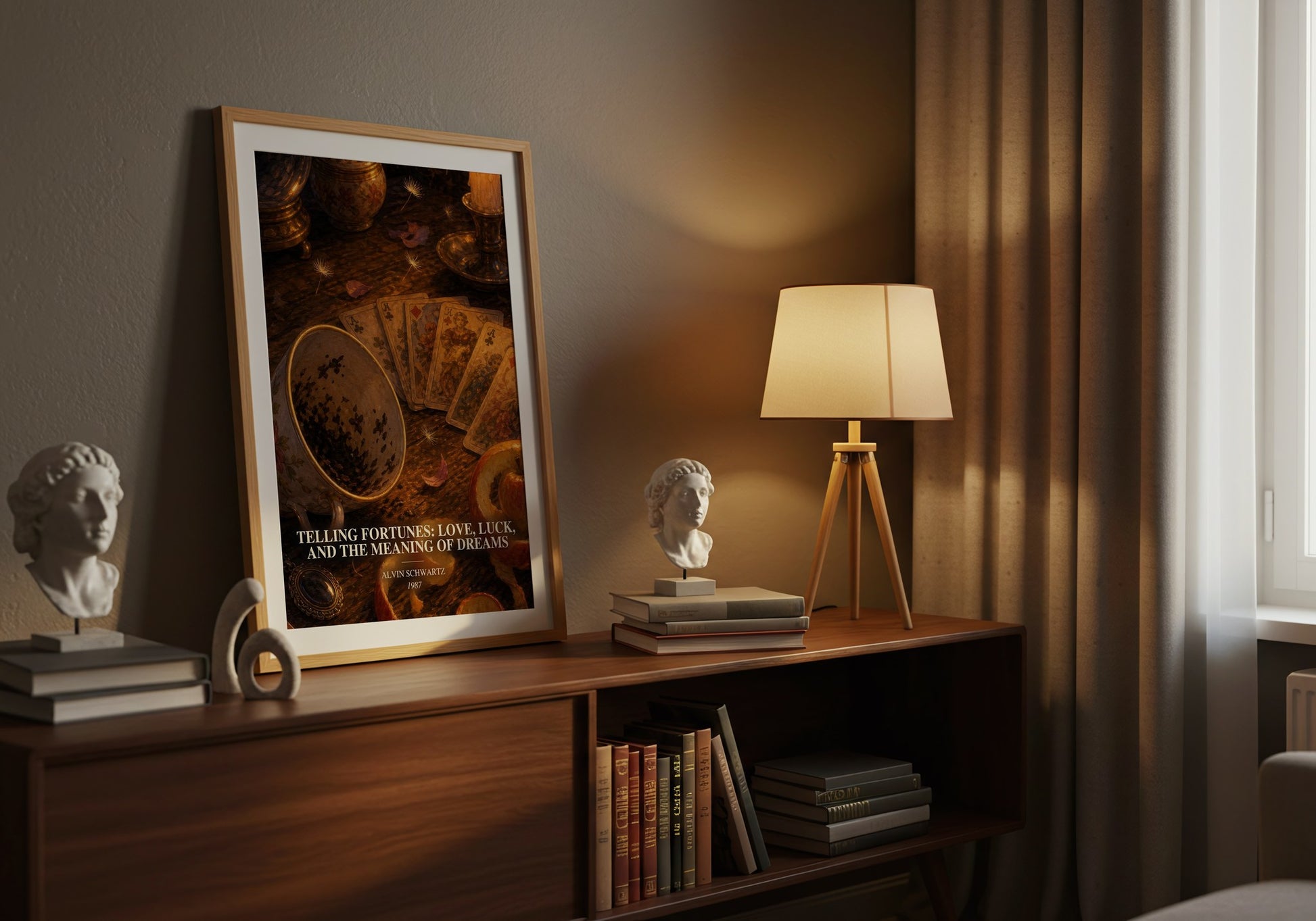 Telling Fortunes: Love, Luck, And The Meaning Of Dreams watercolour print on bookshelf – Alvin Schwartz fan gift