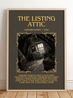 The Listing Attic Minimalist Book Poster by Edward Gorey – framed print leaning on a wooden floor