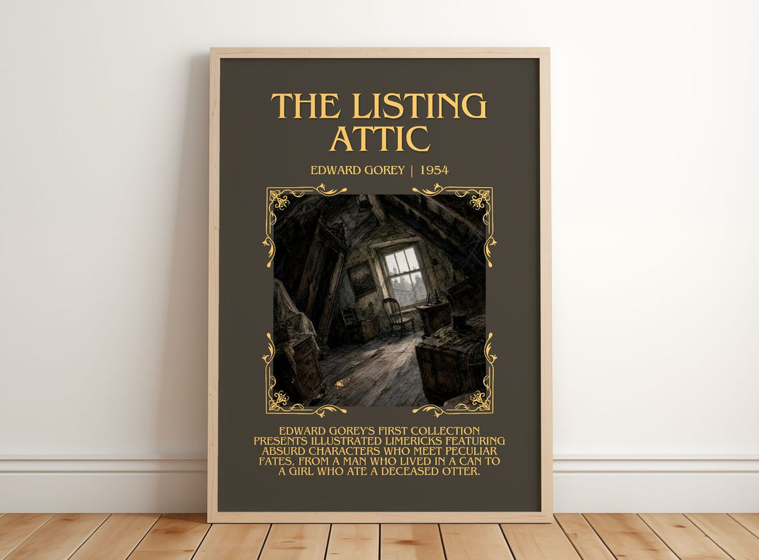The Listing Attic Minimalist Book Poster by Edward Gorey – framed print leaning on a wooden floor