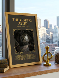 The Listing Attic Minimalist Book Poster by Edward Gorey – framed print on a city-view windowsill