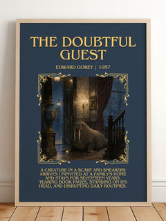 The Doubtful Guest Minimalist Book Poster by Edward Gorey – framed print leaning on a wooden floor