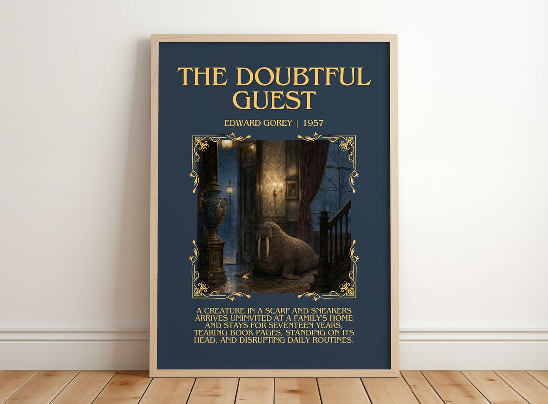 The Doubtful Guest Minimalist Book Poster by Edward Gorey – framed print leaning on a wooden floor