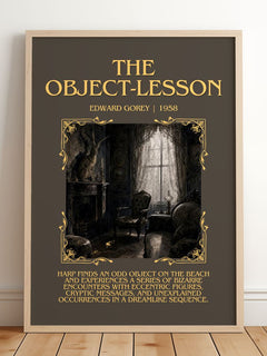 The Object-Lesson Minimalist Book Poster by Edward Gorey – framed print leaning on a wooden floor