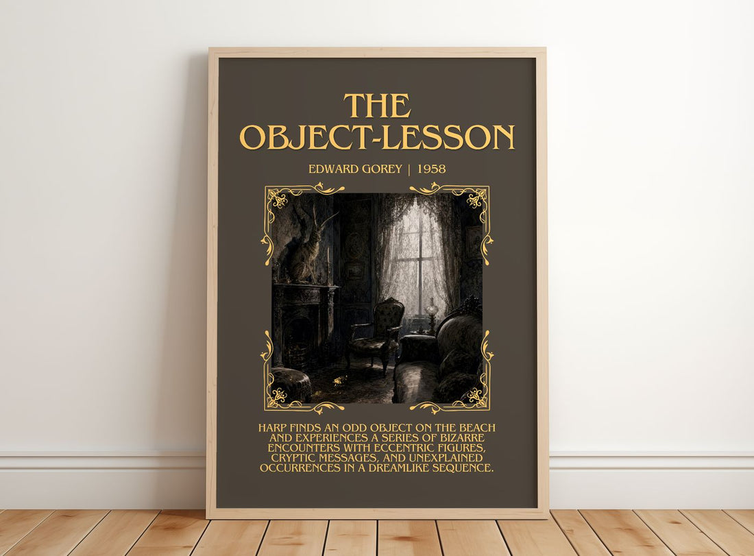 The Object-Lesson Minimalist Book Poster by Edward Gorey – framed print leaning on a wooden floor