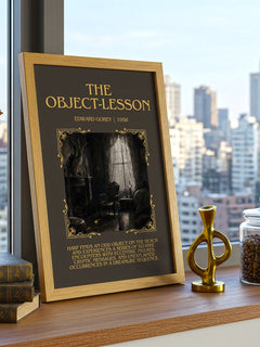 The Object-Lesson Minimalist Book Poster by Edward Gorey – framed print on a city-view windowsill