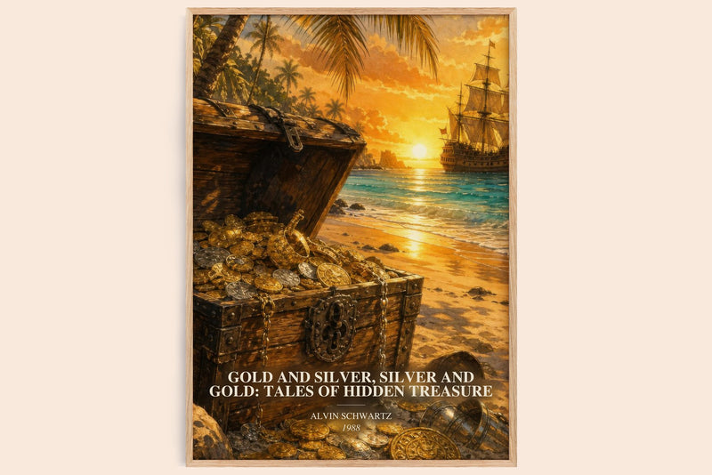 Gold And Silver, Silver And Gold: Tales Of Hidden Treasure watercolour book poster by Alvin Schwartz – framed literary art
