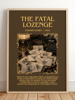 The Fatal Lozenge Minimalist Book Poster by Edward Gorey – framed print leaning on a wooden floor