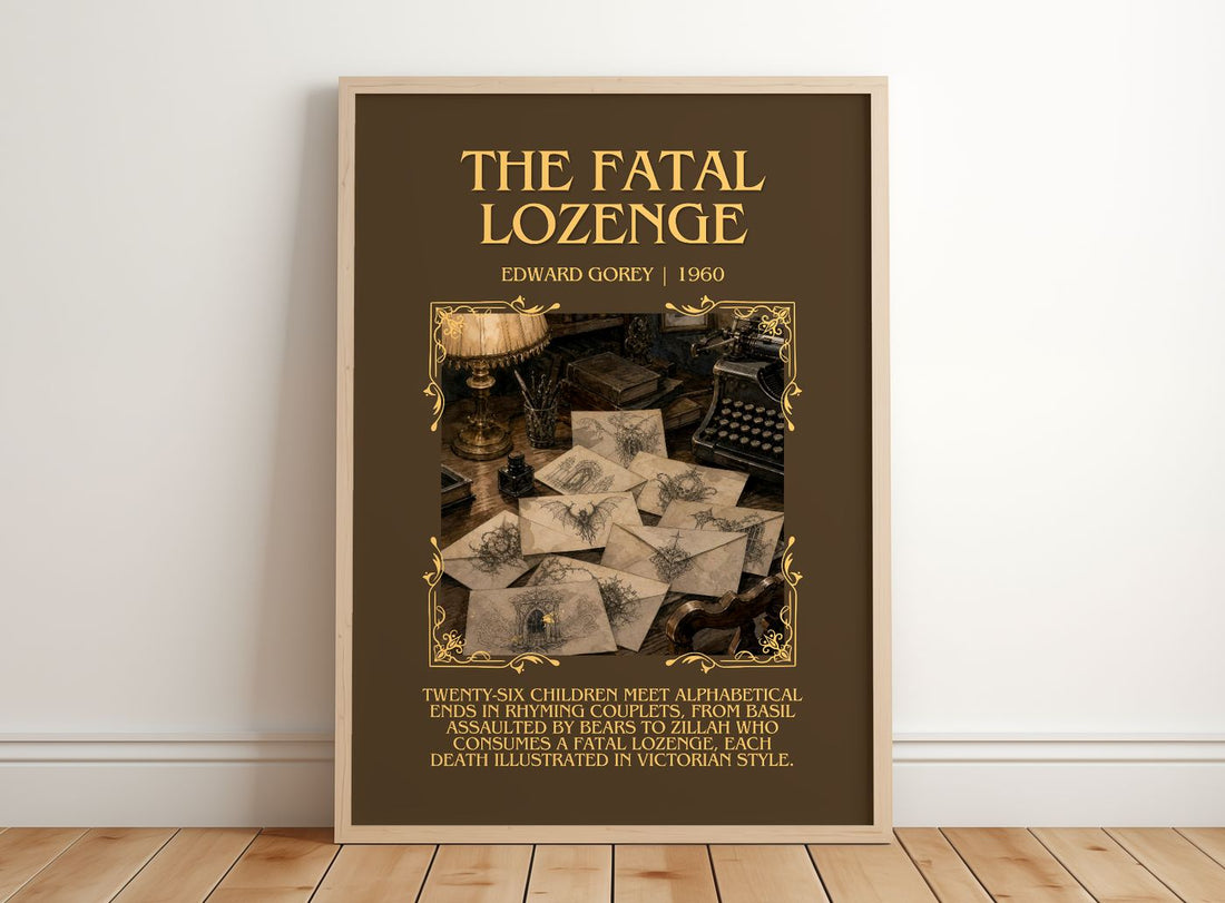 The Fatal Lozenge Minimalist Book Poster by Edward Gorey – framed print leaning on a wooden floor