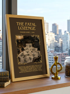 The Fatal Lozenge Minimalist Book Poster by Edward Gorey – framed print on a city-view windowsill