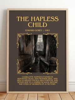 The Hapless Child Minimalist Book Poster by Edward Gorey – framed print leaning on a wooden floor