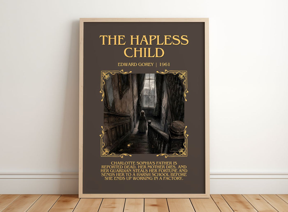 The Hapless Child Minimalist Book Poster by Edward Gorey – framed print leaning on a wooden floor