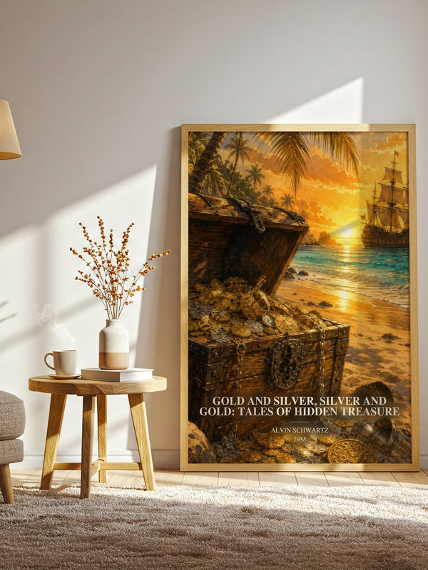 Gold And Silver, Silver And Gold: Tales Of Hidden Treasure watercolour print in frame leaning in hallway – childrens wall art