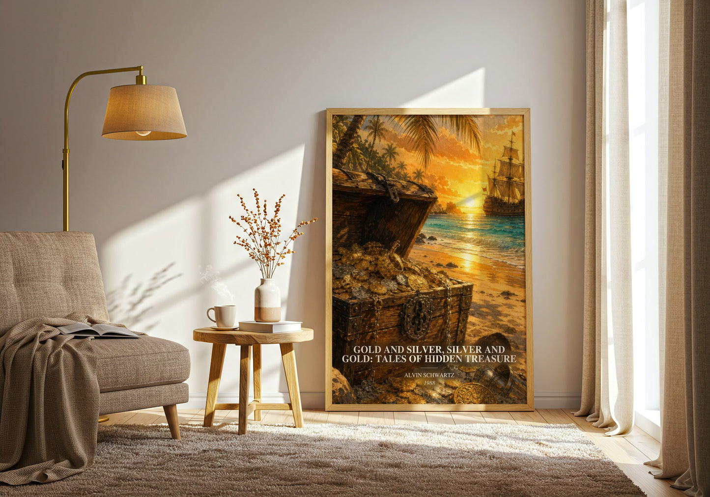 Gold And Silver, Silver And Gold: Tales Of Hidden Treasure watercolour print in frame leaning in hallway – childrens wall art
