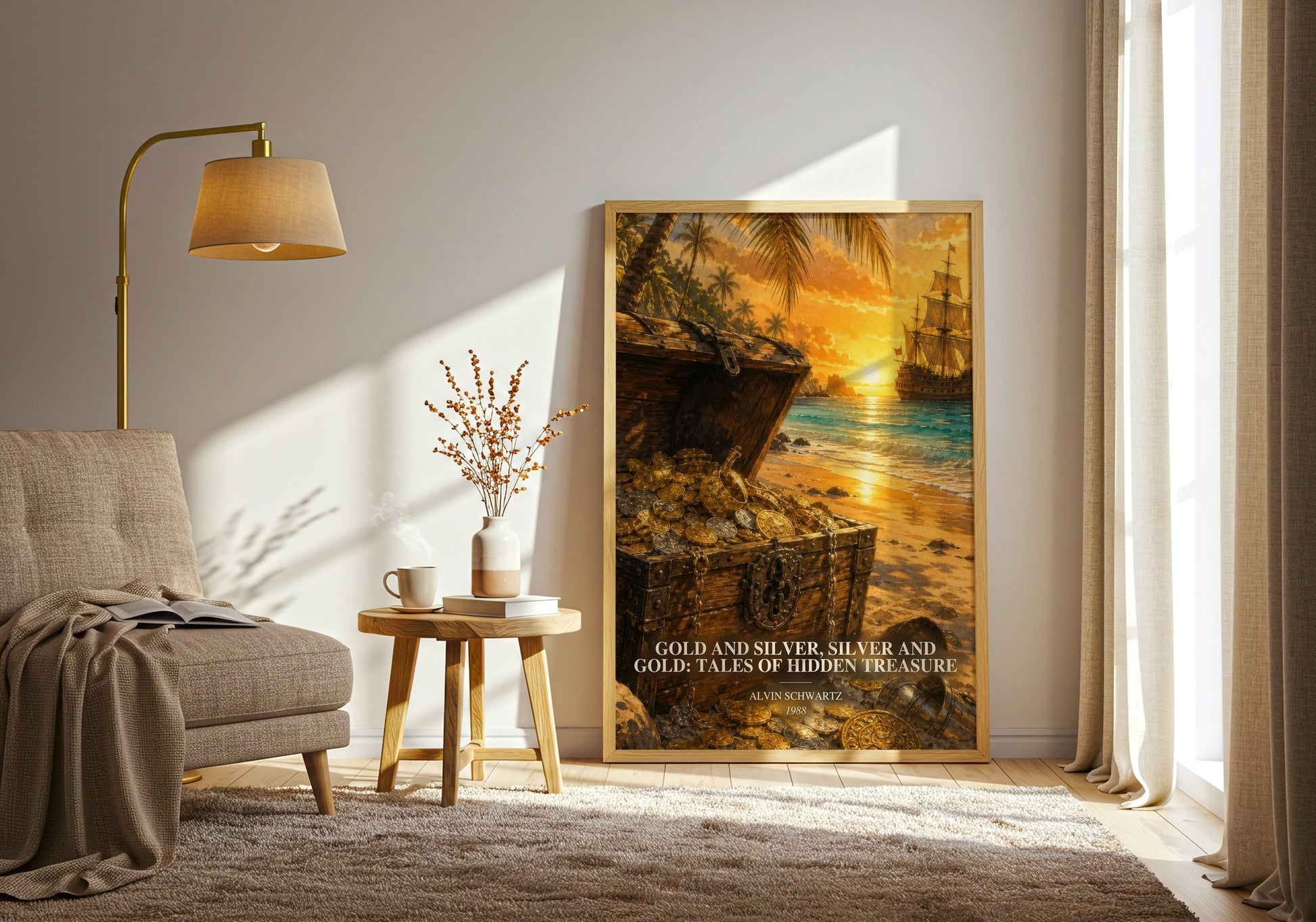 Gold And Silver, Silver And Gold: Tales Of Hidden Treasure watercolour print in frame leaning in hallway – childrens wall art