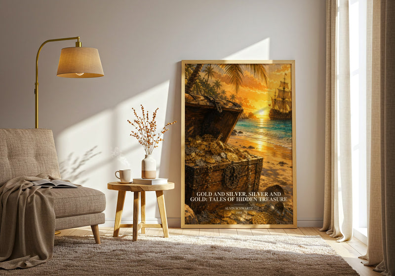 Gold And Silver, Silver And Gold: Tales Of Hidden Treasure watercolour print in frame leaning in hallway – childrens wall art