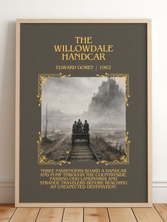 The Willowdale Handcar Minimalist Book Poster by Edward Gorey – framed print leaning on a wooden floor