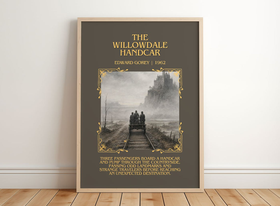 The Willowdale Handcar Minimalist Book Poster by Edward Gorey – framed print leaning on a wooden floor