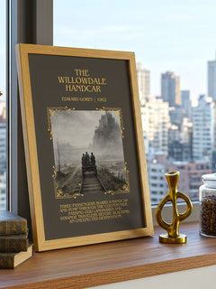 The Willowdale Handcar Minimalist Book Poster by Edward Gorey – framed print on a city-view windowsill