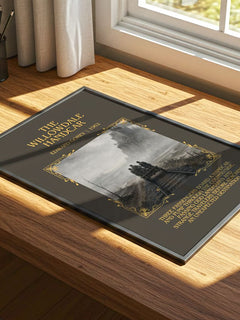 The Willowdale Handcar Minimalist Book Poster by Edward Gorey – print on a sunlit desk