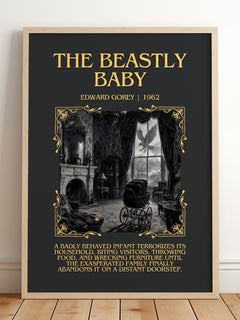 The Beastly Baby Minimalist Book Poster by Edward Gorey – framed print leaning on a wooden floor