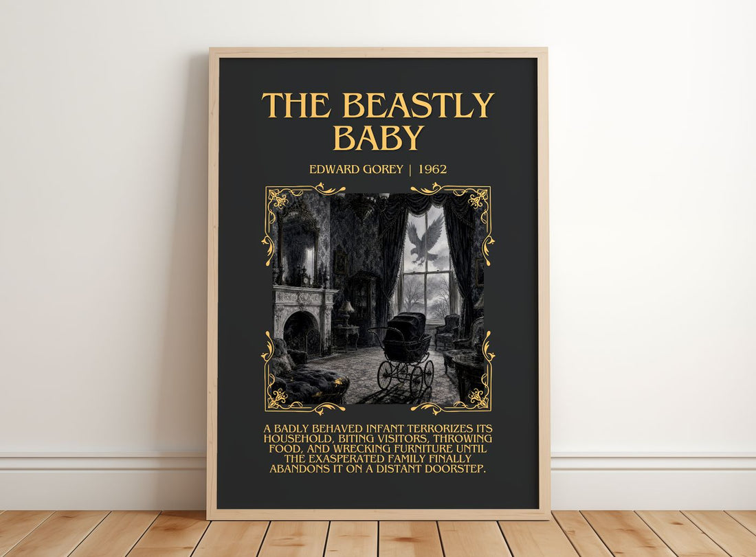 The Beastly Baby Minimalist Book Poster by Edward Gorey – framed print leaning on a wooden floor