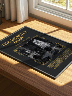 The Beastly Baby Minimalist Book Poster by Edward Gorey – print on a sunlit desk