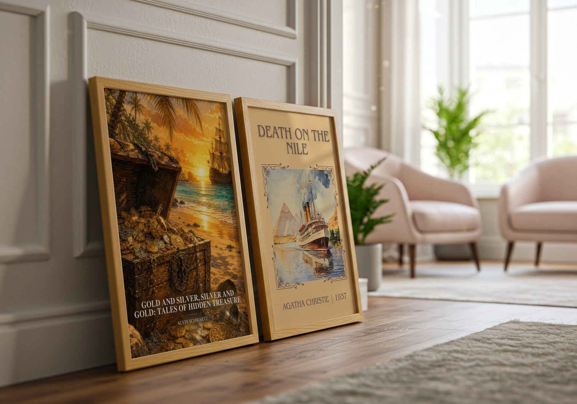 Gold And Silver, Silver And Gold: Tales Of Hidden Treasure watercolour print framed by window – literary home decor