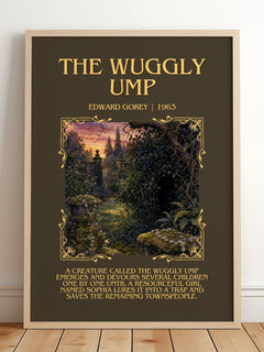The Wuggly Ump Minimalist Book Poster by Edward Gorey – framed print leaning on a wooden floor