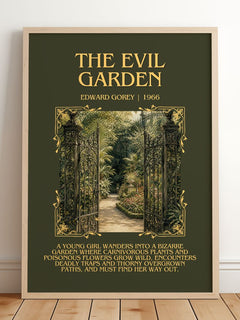 The Evil Garden Minimalist Book Poster by Edward Gorey – framed print leaning on a wooden floor