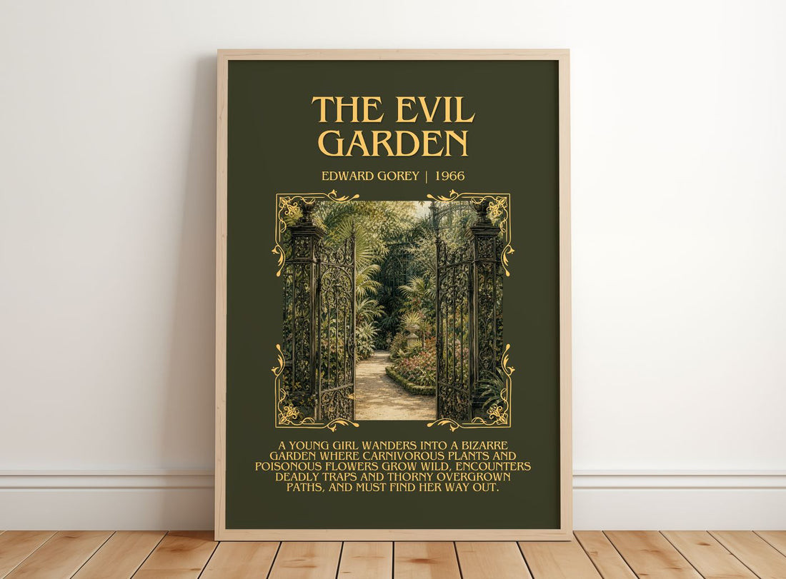 The Evil Garden Minimalist Book Poster by Edward Gorey – framed print leaning on a wooden floor