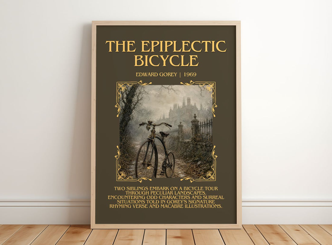 The Epiplectic Bicycle Minimalist Book Poster by Edward Gorey – framed print leaning on a wooden floor