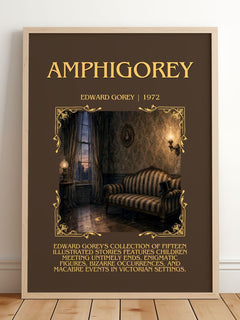Amphigorey Minimalist Book Poster by Edward Gorey – framed print leaning on a wooden floor
