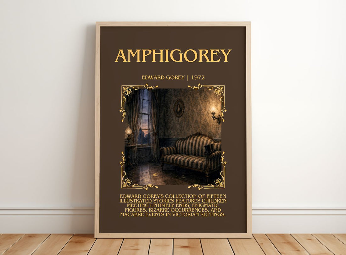 Amphigorey Minimalist Book Poster by Edward Gorey – framed print leaning on a wooden floor