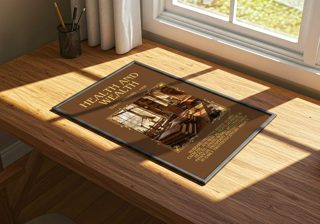 Health And Wealth Minimalist Book Poster by Elbert Hubbard – print on a sunlit desk