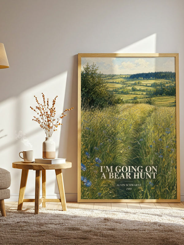 I'M Going On A Bear Hunt watercolour print in frame leaning in hallway – childrens wall art