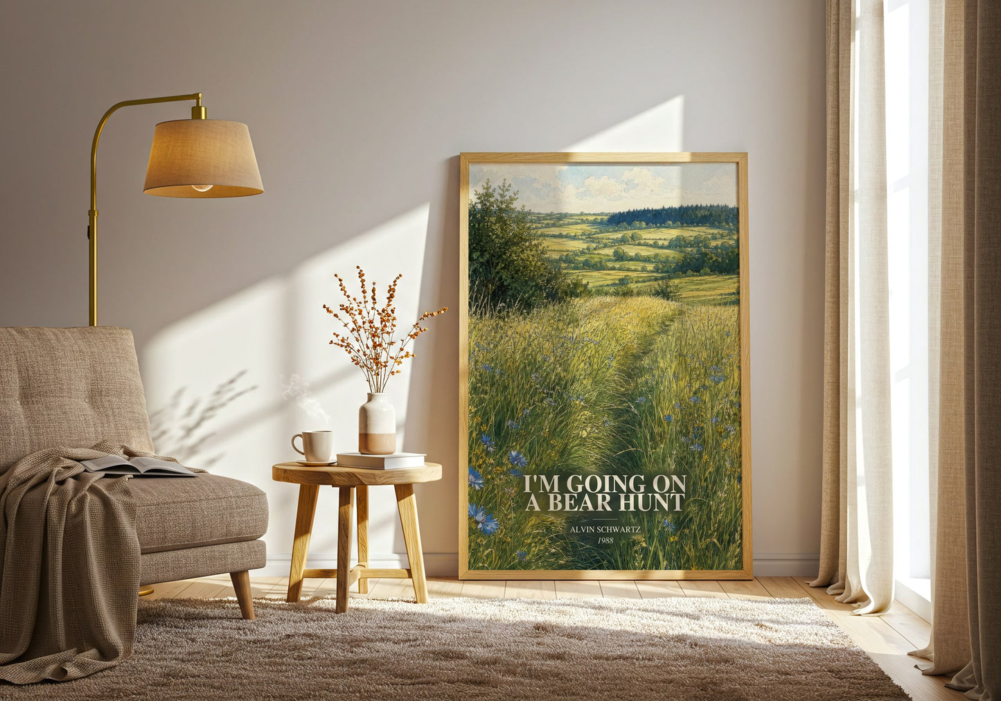 I'M Going On A Bear Hunt watercolour print in frame leaning in hallway – childrens wall art