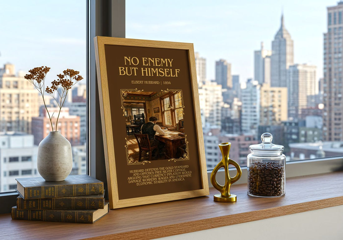No Enemy But Himself Minimalist Book Poster by Elbert Hubbard – framed print on a city-view windowsill