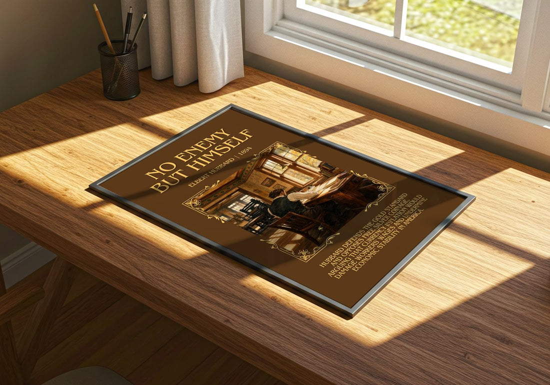 No Enemy But Himself Minimalist Book Poster by Elbert Hubbard – print on a sunlit desk
