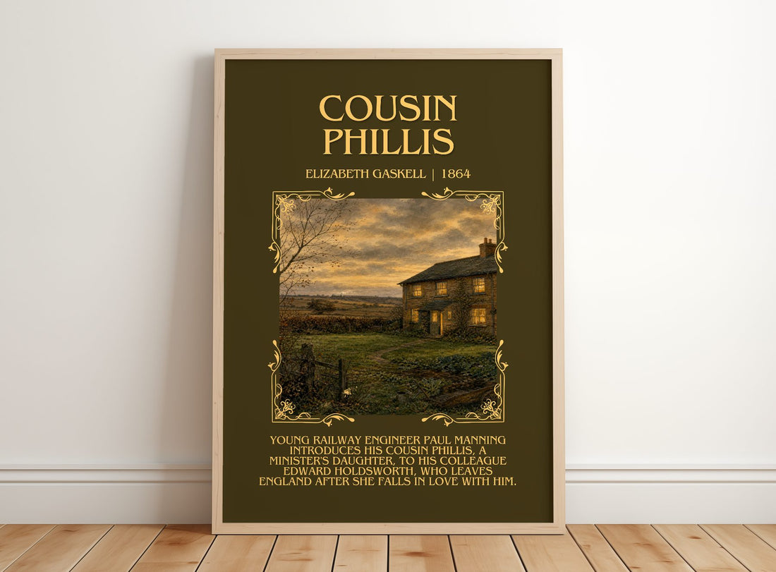 Cousin Phillis Minimalist Book Poster by Elizabeth Gaskell – framed print leaning on a wooden floor