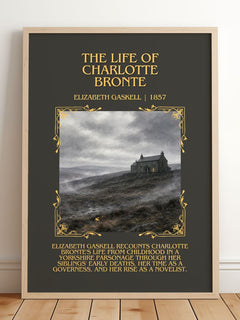 Life Of Charlotte Brontë Minimalist Book Poster by Elizabeth Gaskell – framed print leaning on a wooden floor