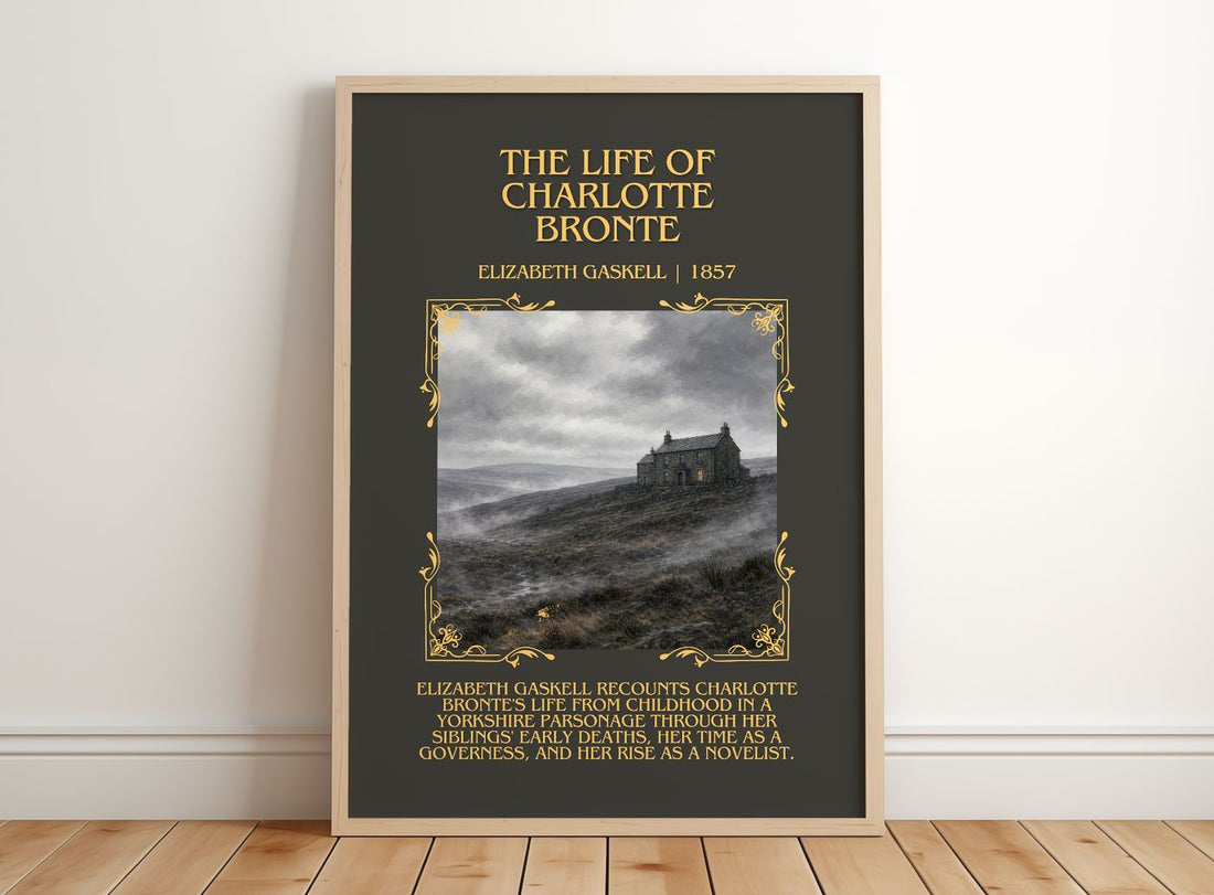 Life Of Charlotte Brontë Minimalist Book Poster by Elizabeth Gaskell – framed print leaning on a wooden floor